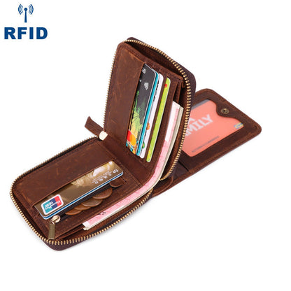 Fashion RFID Black Leather Men's Zipper Small Wallet Brown Zipper billfold Wallet For Men