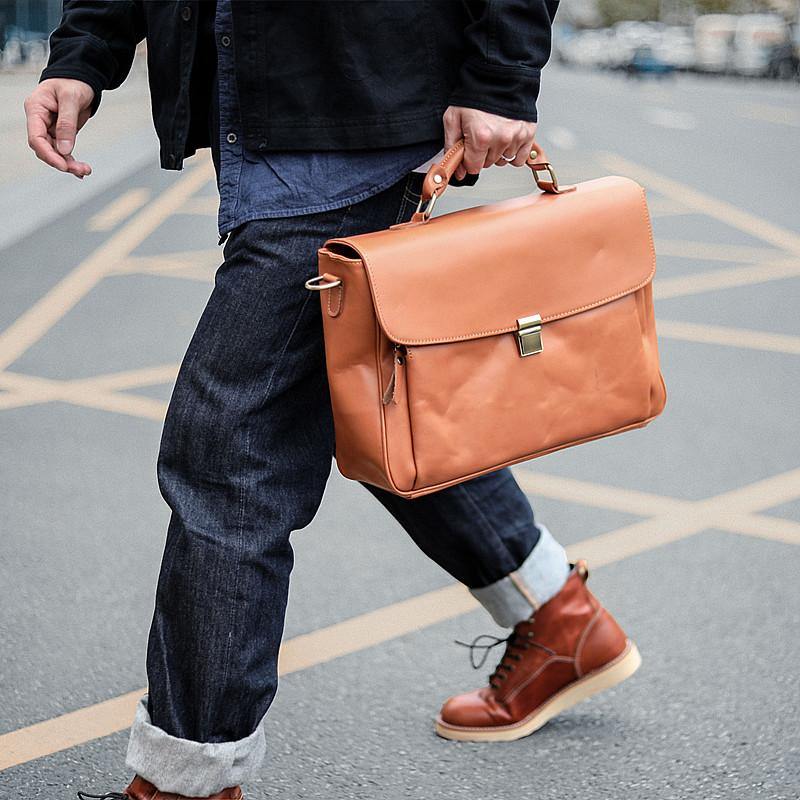 Vintage Light Brown Mens Leather Briefcase Work Handbags Brown 14'' Computer Briefcase For Men