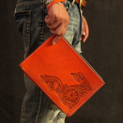 Cool Handmade Tooled Leather Pisces Clutch Wallet Wristlet Bag Clutch Purse For Men