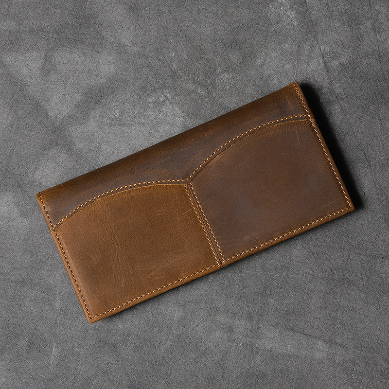 Vintage Brown Leather Mens Bifold Long Wallet Long Bifold Card Wallet For Men