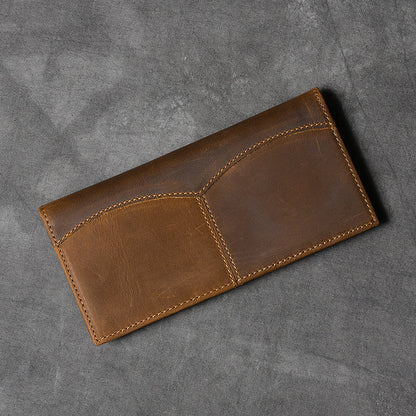 Vintage Brown Leather Mens Bifold Long Wallet Long Bifold Card Wallet For Men