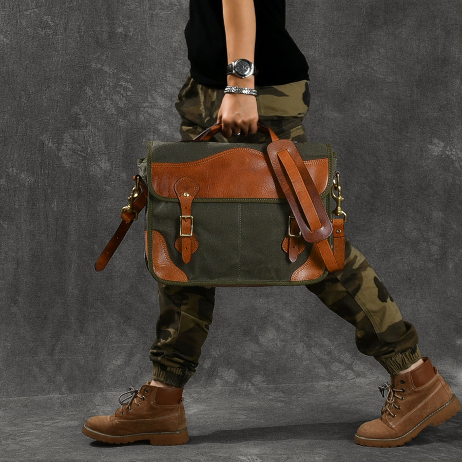 Canvas Leather Mens 14¡®¡¯ Army Green Briefcase Side Bag Retro Messenger Bag Shoulder Bag For Men