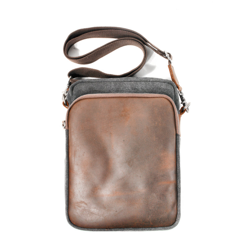 Cool Canvas Leather Mens Vertical Small Side Bag Gray Messenger Bag for Men