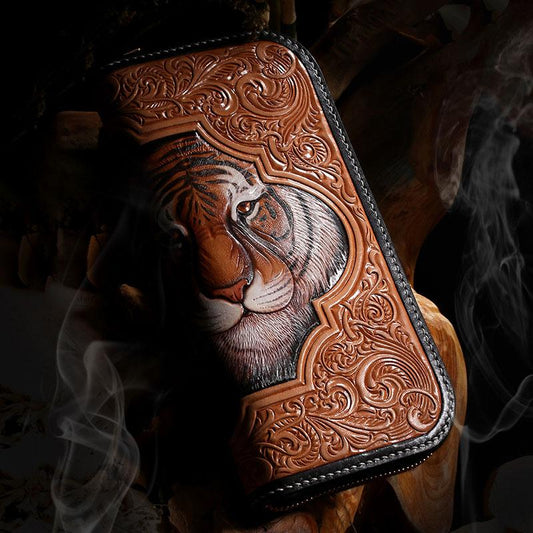 Handmade Leather Mens Clutch Wallet Cool Floral Tiger Tooled Wallet Long Zipper Wallets for Men