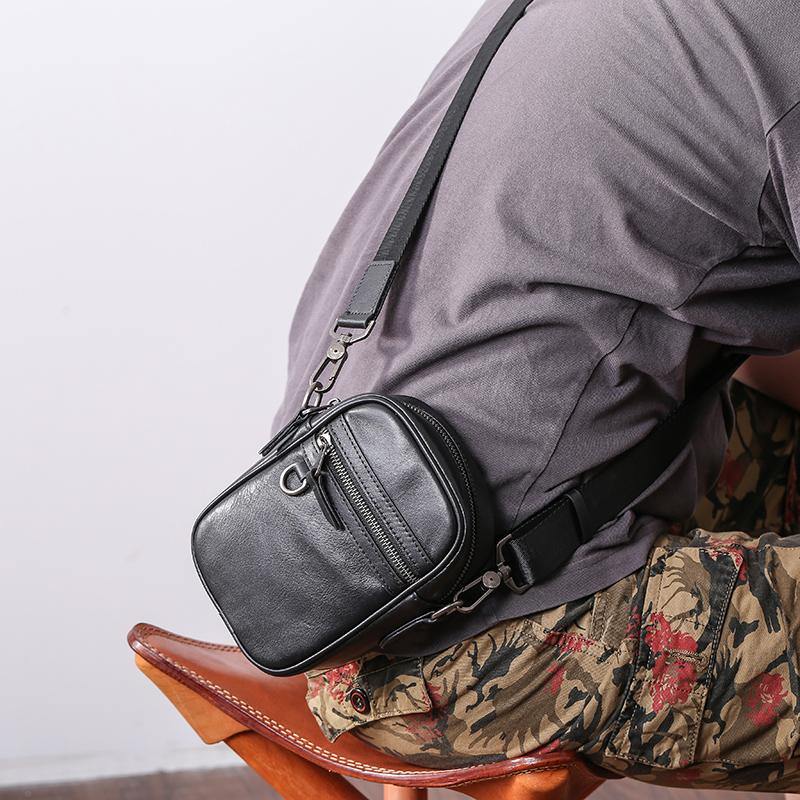 Black Leather MENS Small Vertical Side Bag Black MIni Messenger Bag Mobile Bag For Men