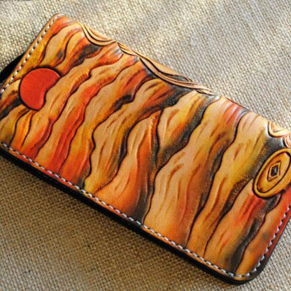 Handmade Tooled Brave Troops Leather Mens Cool Long Leather Wallet Zipper Clutch Wallet for Men