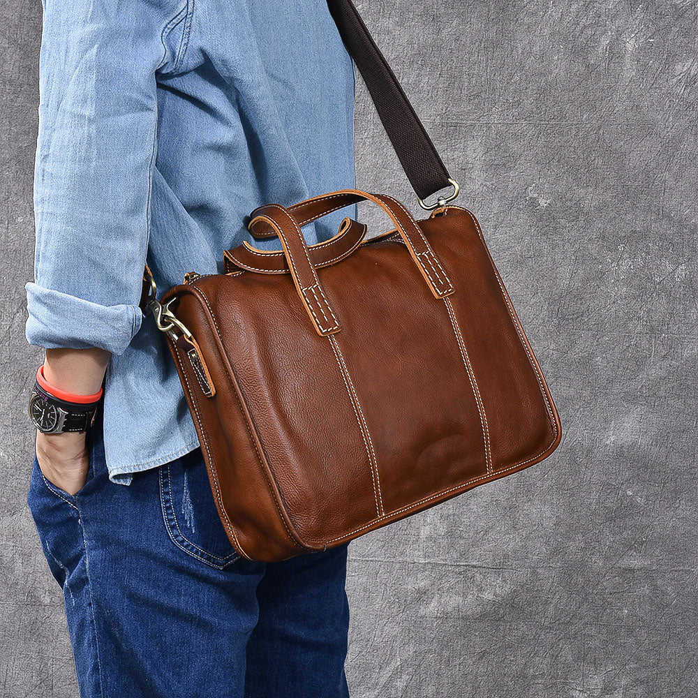 Handmade Leather Mens 13' Black Laptop Briefcase Business Brown Briefcase For Men