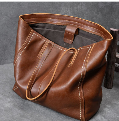 Leather Mens Womens 15' Large Shoulder Bag Brown Tote Bag Large Side Bag Dark Coffee Handbag For Men