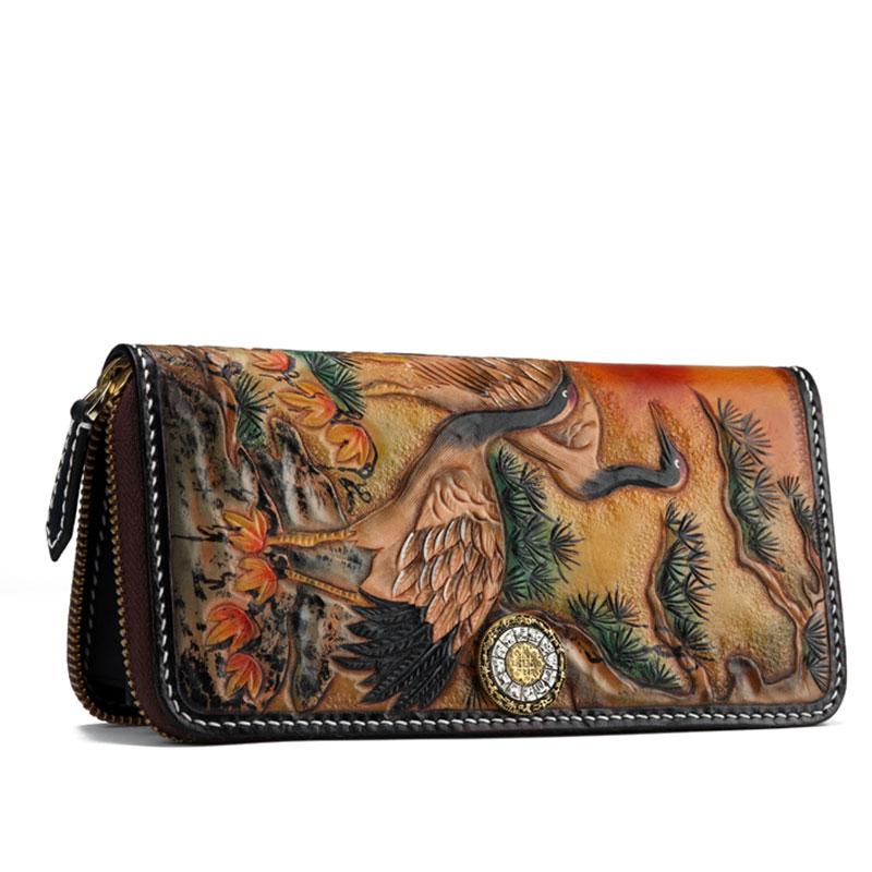 Handmade Leather Mens Clutch Wallet Cool Red-Crowned Crane Tooled Wallet Long Zipper Wallets for Men