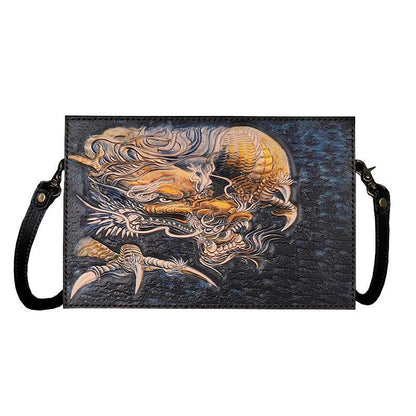 Handmade Black Tooled Chinese Dragon Leather Messenger Bags Side Bag Clutch Wristlet Bag For Men