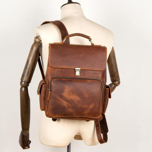 Brown Casual Leather Mens 13 inches School Backpack Travel Backpack Computer Backpack for Men