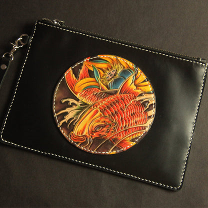 Cool Handmade Tooled Leather Carp Clutch Wallet Wristlet Bags Clutch Purse For Men