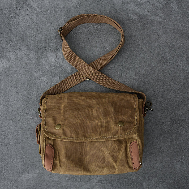 Waxed Canvas Leather Mens Gray Side Bag Khaki Messenger Bag Small Courier Bag For Men