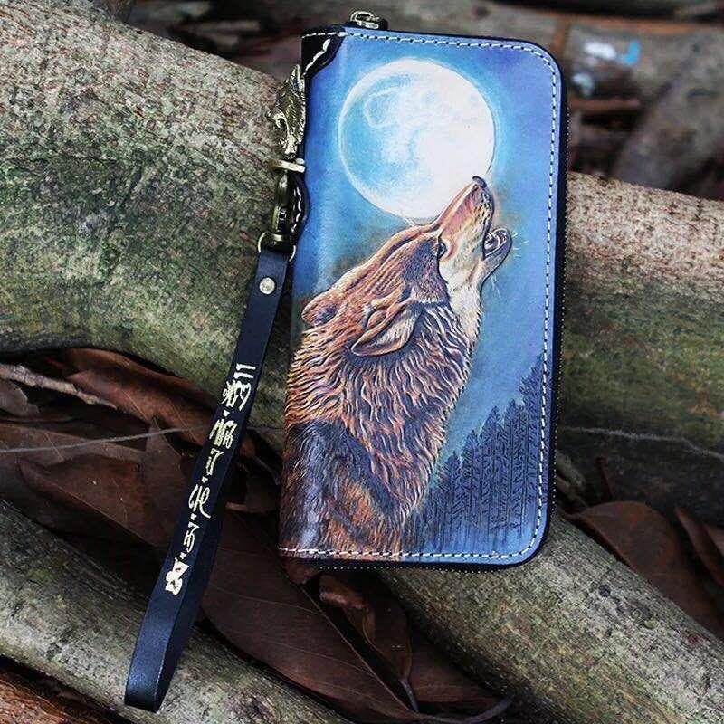 Black Handmade Tooled Tiger Leather Long Biker Wallet Chain Wallet Clutch Wallet For Men