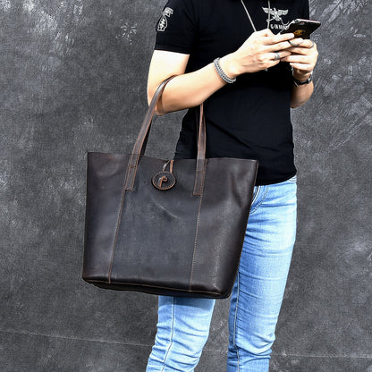 Leather Mens Womens 13' Large Shoulder Bag Vintage Coffee Tote Bag Large Side Bag For Men