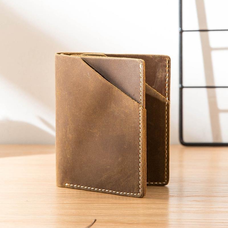 Brown Cool Leather Mens Small Wallets Front Pocket Wallet Vintage Thin Bifold billfold Wallet for Men