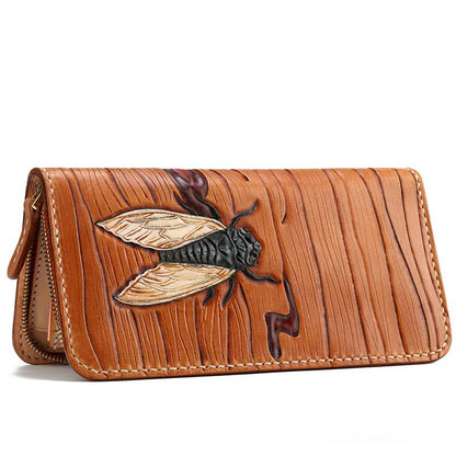 Handmade Leather Mens Clutch Wallet Cool Cicada Tooled Wallet Long Zipper Wallets for Men