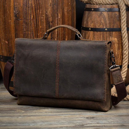 Vintage Dark Brown Leather Mens 15 inches Briefcase Laptop Bag Business Side Bags Work Bag for Men