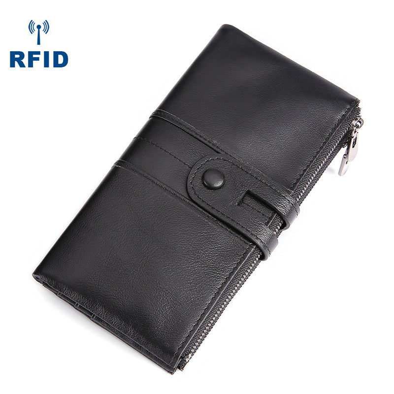 RFID Cool Leather Brown Men's Bifold Long Wallet Multi Cards Black Long Wallet For Men