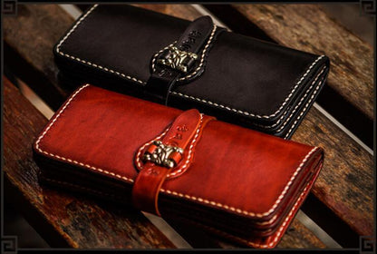 Handmade Leather Men Tooled Chinese Lion Cool Leather Wallet Long Phone Wallets for Men