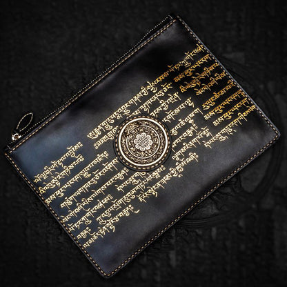 Handmade Leather Tibet Scriptures Tooled Wristlet Bag iPad Bag Mens Cool Leather Wallet Long Clutch for Men