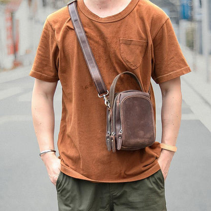 Dark Brown Leather Mens Casual Mini Courier Bag Messenger Bags Belt Bag Belt Pouch For Men