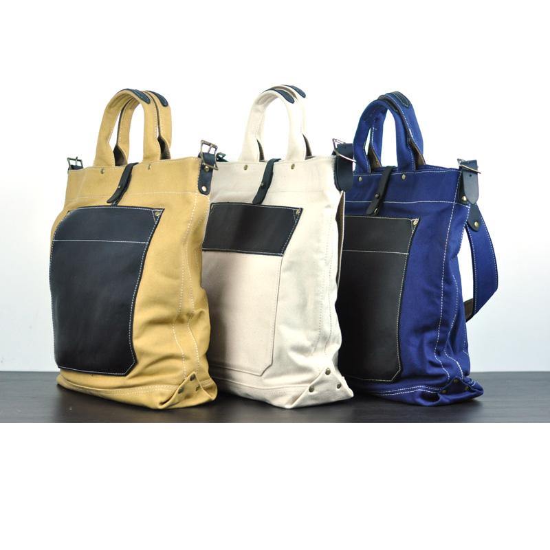 White Canvas Leather Mens Tote Handbags Messenger Bag Khaki Shoulder Tote Bag For Men and Women