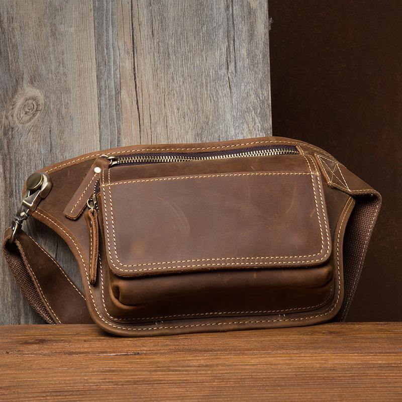 Cool Brown Leather Fanny Pack Mens Waist Bags Hip Pack Belt Bag Bumbags for Men