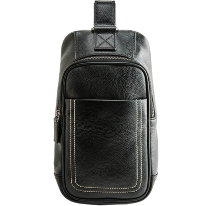 Black Leather Mens Large Sling Bag Chest Bag Sling Pack Black One Shoulder Backpack for Men