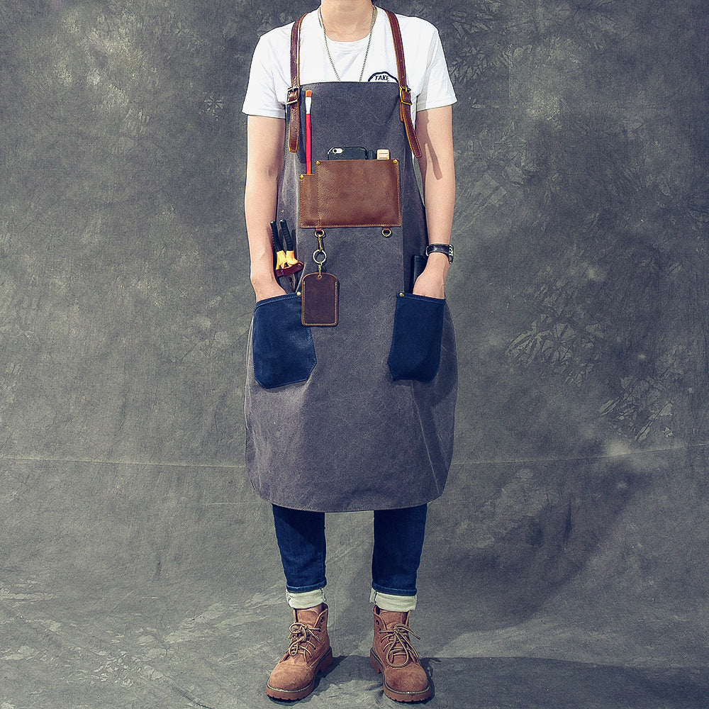 Canvas Leather Mens Womens Blue Craftsman Apron Cafe Staff Apron Work Apron for Men