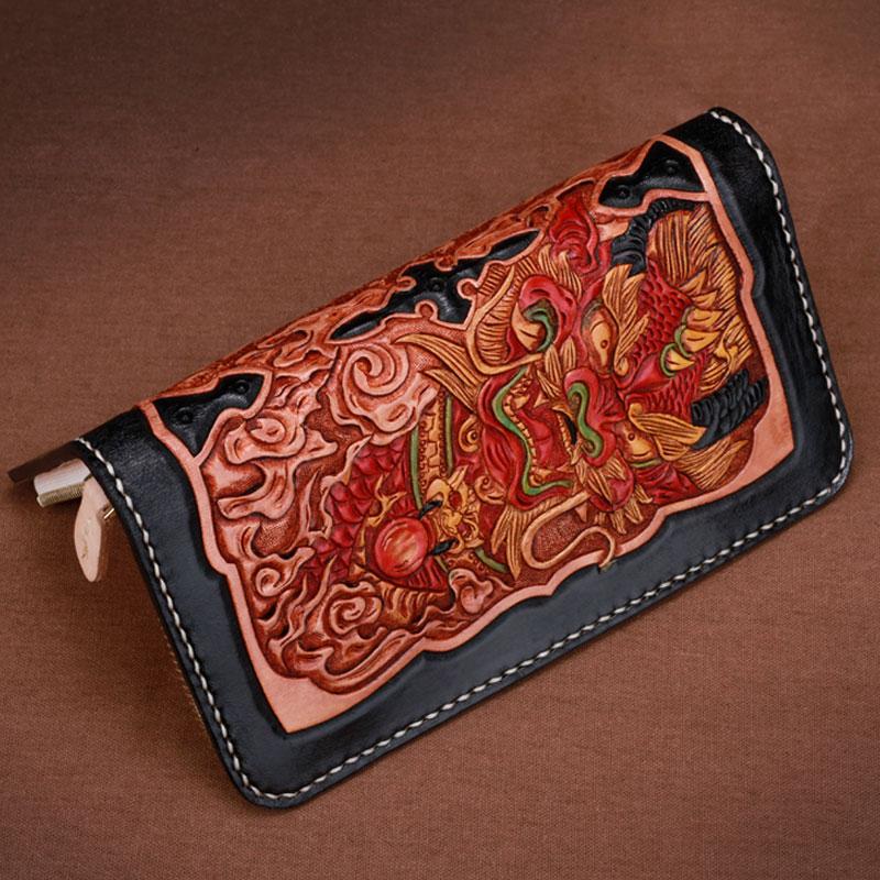 Handmade Leather Mens Clutch Wallet Cool Kylin Tooled Wallet Long Zipper Wallets for Men