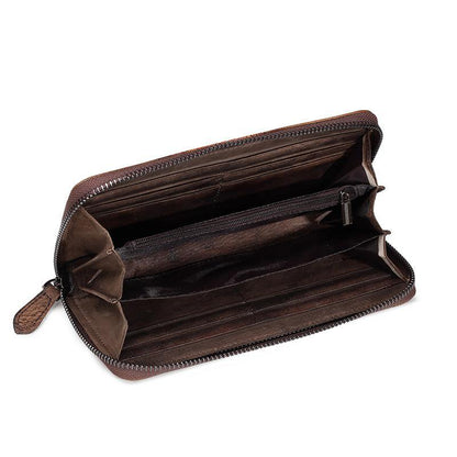 Brown Vintage Wallet Leather Mens Womens Tooled Long Wallet Zipper Black Clutch Wallet For Men