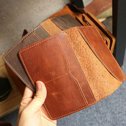 Casual Brown Handmade Leather Mens Bifold Passport Holder Travel Wallet Holder For Men