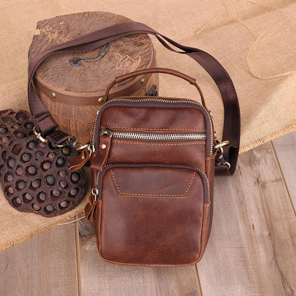 Brown Leather Men's Vertical Small Courier Bag Belt Pouch Mini Messenger Bag Belt Bag For Men