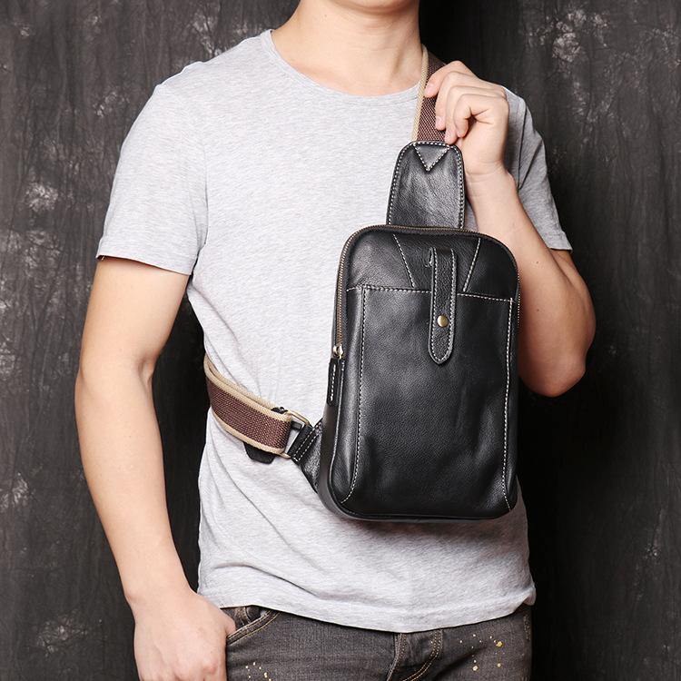 Fashion Black Leather Sling Backpack Men's Sling Bag Black Chest Bag One shoulder Backpack Black Sling Pack For Men