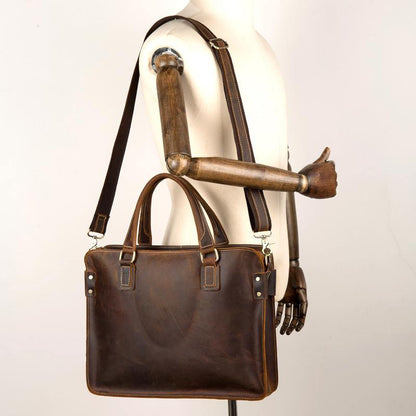 Vintage Brown Leather Mens 14 inches Briefcase Laptop Briefcase Business Bags Work Bags for Men