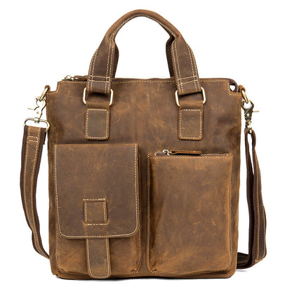 Vintage Brown Leather Mens 13 inches Vertical Briefcase Laptop Bags Business Bags Work Messenger Bag for Men