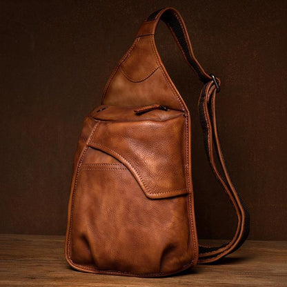 Cool Brown Leather Mens 8 inches Sling Bag Sling Pack Crossbody Pack Chest Bag for men