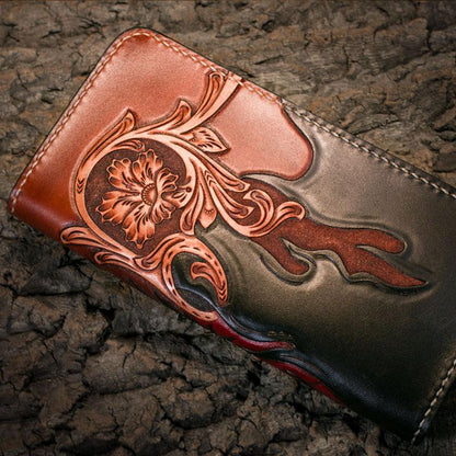 Handmade Leather Mens Clutch Wallet Tooled Cool Zhong Kui Wallet Long Zipper Wallets for Men