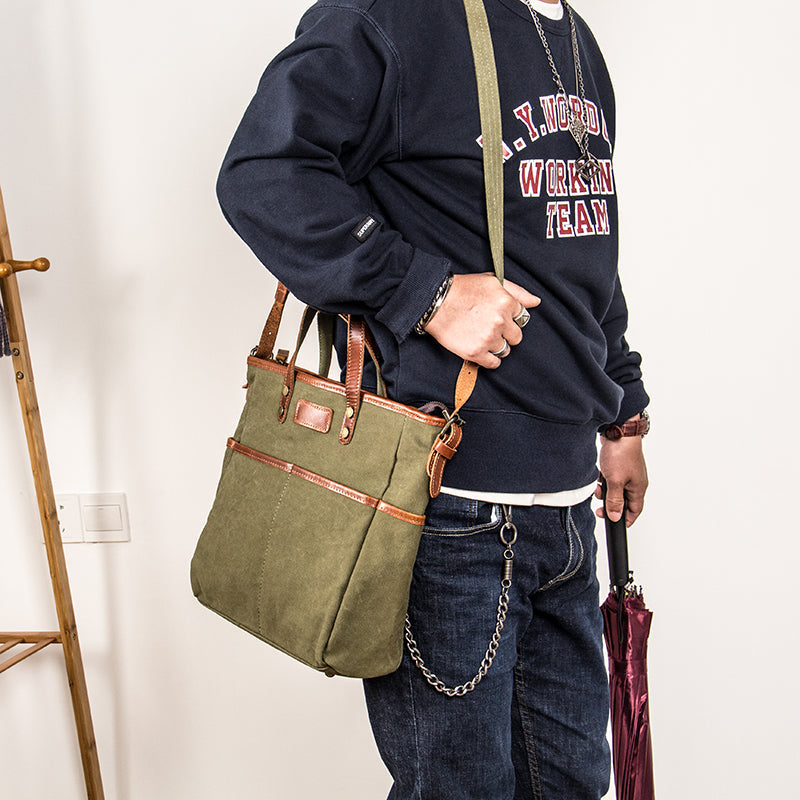 Canvas Leather Mens Side Bag Army Green 12'' Tote Postman Bag Messenger Bag for Men