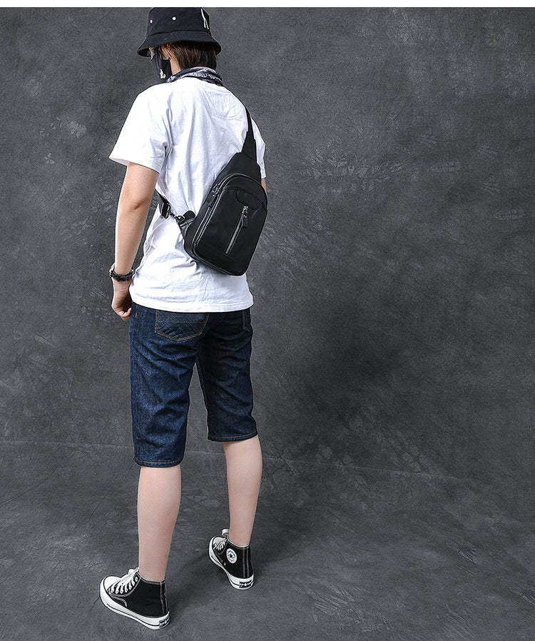 Cool Leather Mens 8' Black Sling Bag Chest Bag One Shoulder Backpack for Men