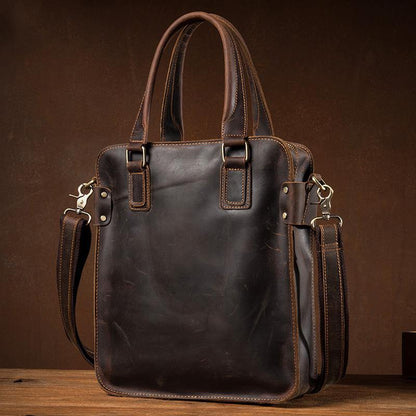 Vintage Dark Brown Leather 12 inches Veritcal Briefcase Work Bag Messenger Bags Handbag for Men