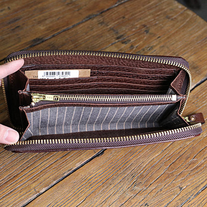 Vintage Brown Leather Mens Clutch Large Distressed Wallet Zipper Clutch Wristlet Wallet for Men