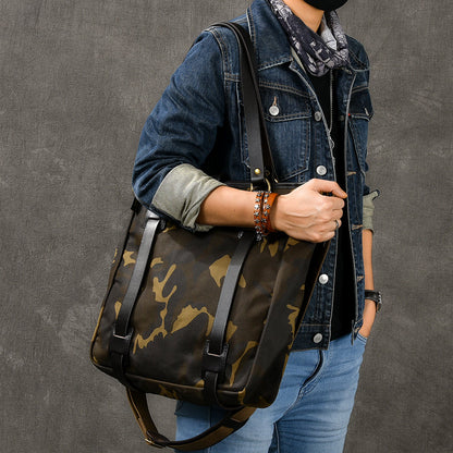 Waxed Canvas Leather Mens Womens 14'' Camouflage Tote Bag Handbag Tote Bag Shoulder Bag Tote Purse For Men