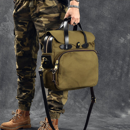 Canvas Leather Mens Khaki Briefcase 15'' Side Bag Messenger Bag Shoulder Bag For Men