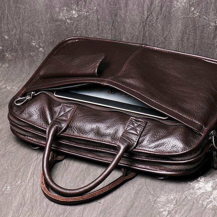 Dark Brown Leather Mens 15 inches Large Laptop Work Bag Handbag Briefcase Shoulder Bags Business Bags For Men