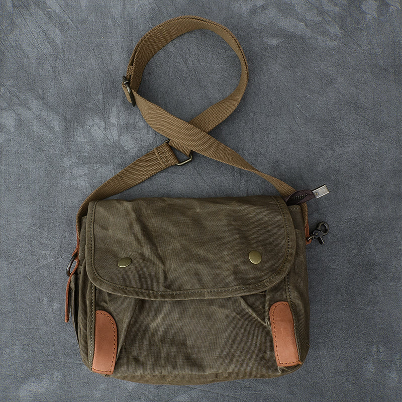 Waxed Canvas Leather Mens Gray Side Bag Khaki Messenger Bag Small Courier Bag For Men