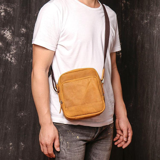 Tan Leather Mens Small Vertical Side Bag Courier Bag Vertical Messenger Bag For Men