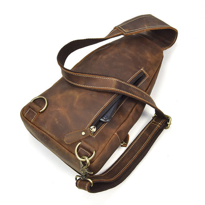 Vintage Mens Leather One Shoulder Backpack Chest Bag Sling Bag Sling Crossbody Bag For Men