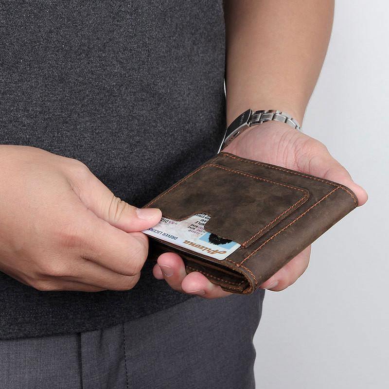 Dark Brown Small MENS LEATHER Bifold Wallet Card Brown billfold Wallet FOR MEN